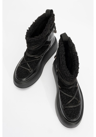 Luvishoes Luvi Shoes Dila Siyah Suni Kürklü Kadın Kalın Tabanlı Kar Botu Siyah