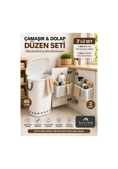 3 Lü Çamaşır & Dolap Düzen Seti 65 L Çamaşır Sepeti 2 Li Köşe Düzenleyici Beyaz - 914121475 Beyaz