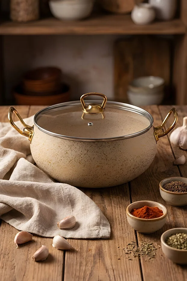 7 Parça Leon Granit Tencere Ve Tava Seti 20 Cm 2.5l, 24 Cm 4.5l, 26 Cm Basık 3l, 26 Cm Tava Bej