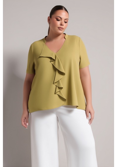 Hanezza V Yaka Ön Fırfırlı Bluz Olive - 4940930 Olive