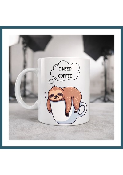 Bezos I Need Coffee Yazılı Tembel Hayvan Tasarımlı Kupa Model 236 Komik Seramik Kahve Kupası Ob Çok Renkli
