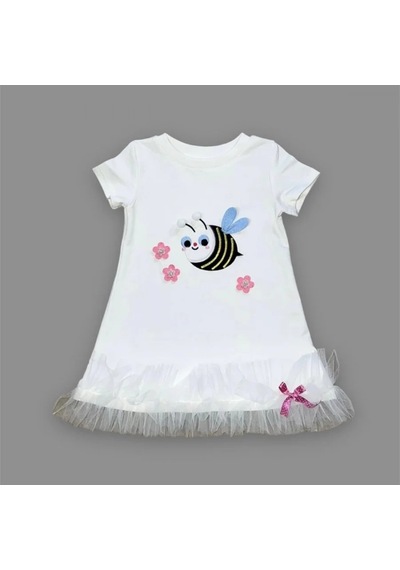Pekminibebe 1-2-3 Yaş Arıcık Nakışlı Eteği Fırfırlı Jile Kız Çocuk Elbisesi Beyaz