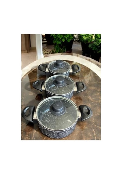 Granit Tencere Seti Cam Kapaklı, Siyah Mermer Desenli 3 Parça Saklama Kabı Ve Pişirme Tenceresi Diğer