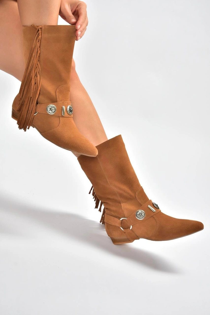 Fox Shoes V380625502 Taba Süet Püskül Detaylı Kadın Bot Taba-Süet