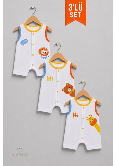 Babyden's Erkek Bebek Şortlu Tulum 3'lü Set % 100 Pamuklu Kolsuz Çıtçıtlı Yazlık Safari Baskılı Yenidoğan Bebek Tulumu Çok Renkli
