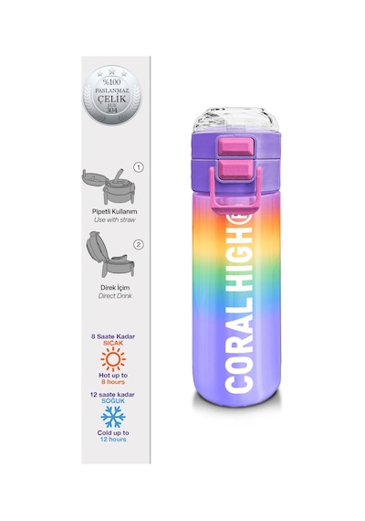 Coral High Kids Renk Geçişli Desenli Pipetli Ve Direkt İçim Çelik Termos 500 Ml 31863 Rose Gold