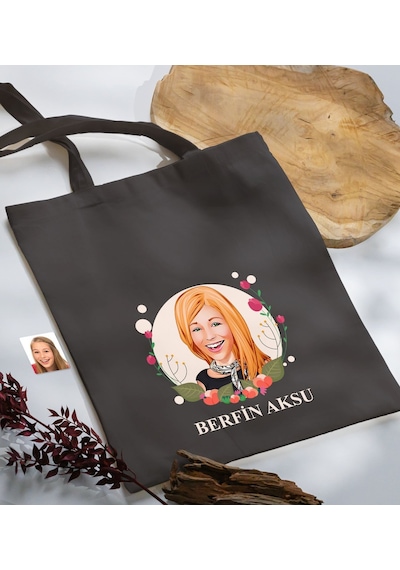 Bk Gift Kişiye Özel Anneler Günü Karikatürlü Antrasit Kumaş Bez Çanta, Baskılı Omuz Çantası, Alışveriş Çantası, Anneye Hediye-1 Antrasit