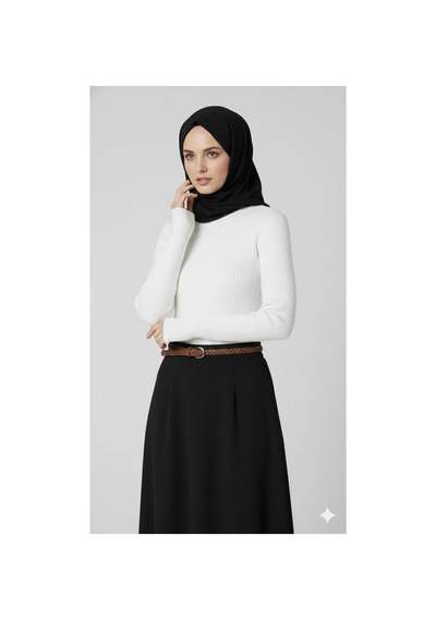 Sonbaharmoda Kadın Boğazlı Likralı Triko Badi Parmak Geçmeli Kol, Tek Beden,100% Akrilik Beyaz