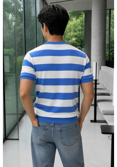 Tarz Cool Erkek Çizgili Triko Tişört Bisiklet Yaka Slim Fit Yazlık İnce Dokulu Mavi
