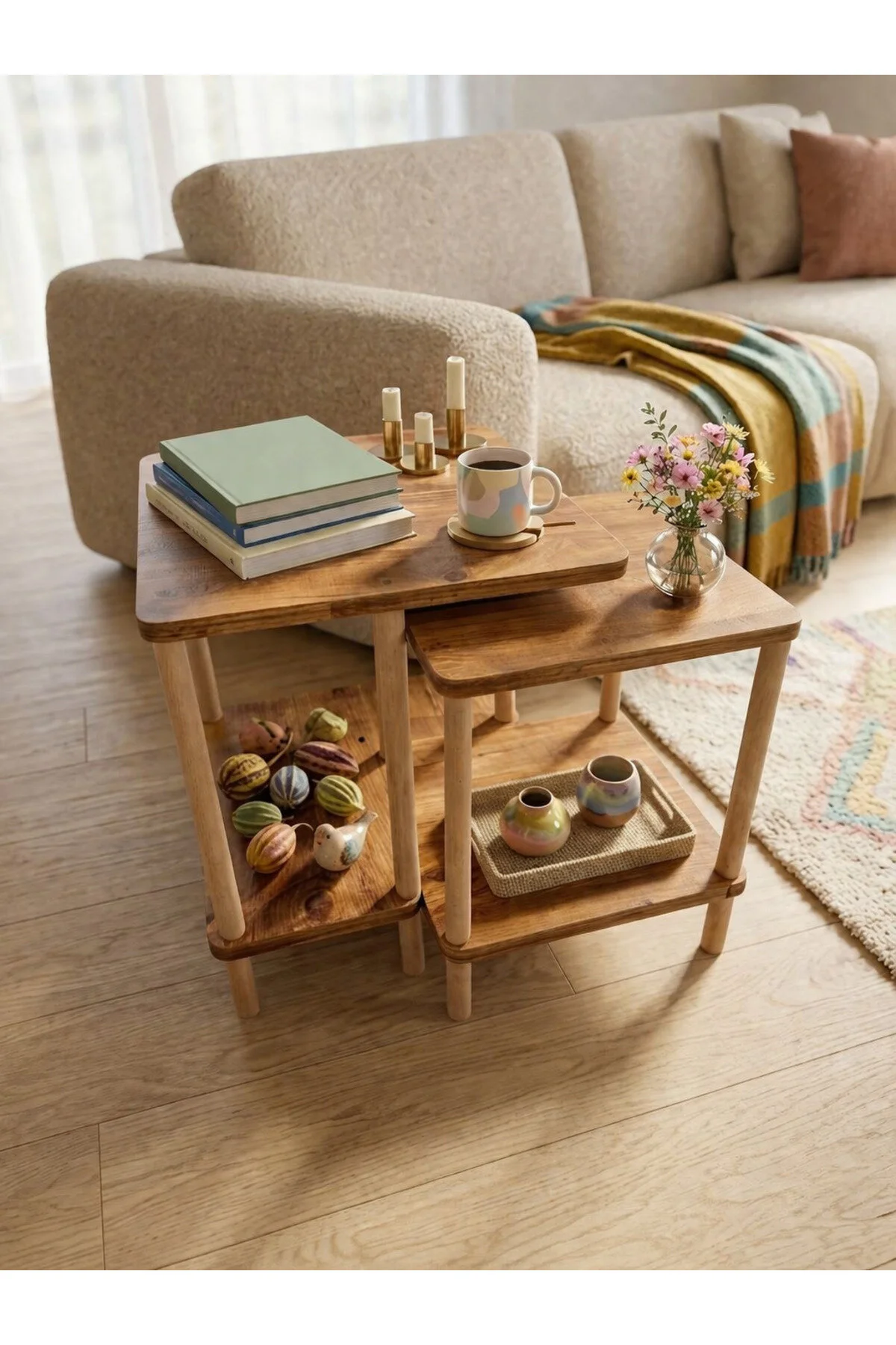 Modern Minimal Tasarım Yan Sehpa Dekoratif Ahşap Zigon Sehpa 2li Set 40 50cm Atlantik Çam