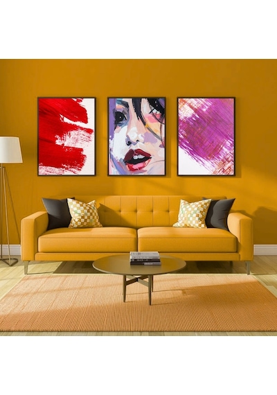 Besay Yüzler Ve İzler Modern Salon Duvar Dekorasyonu Kırmızı Pop Art Kadın Posteri 3'lü Set A2 Çerçevesiz