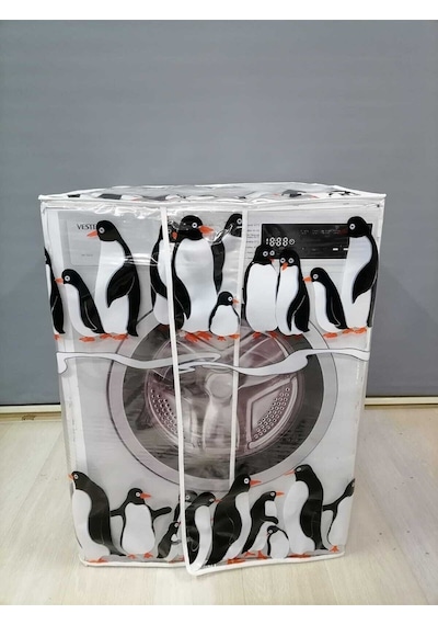 Penguen Desenli Pvc Çamaşır Ve Kurutma Makinesi Örtüsü Su Geçirmez, Dayanıklı Ve Toza Karşı Koruyucu Şeffaf