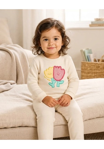 Tuffy Yeşil Tonlu Çiçek Baskılı Kız Bebek Sweatshirt Rahat Kalıp Ekru