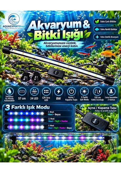 Akvaryum Işığı - Balık Işığı - Bitki Işığı - 57 Cm - 24 Led - Tamamen Su İçinde Kullanılabilir - 3 Modlu - 8w - Mükemmel Işık
