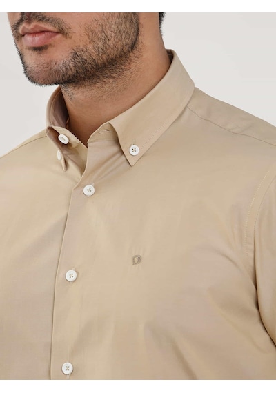 Dufy Camel Erkek Regular Fit Düz Brent Düğmeli Yaka Uzun Kol Gömlek - 102274-camel Camel