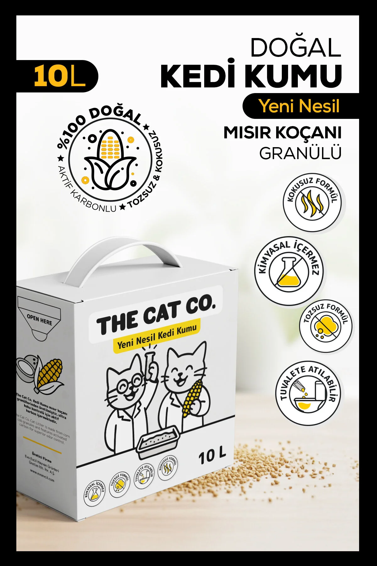 %100 Doğal Aktif Karbonlu Topaklanan Kedi Kumu Tozsuz & Kokusuz, Yüksek Emicilik 10 Litre