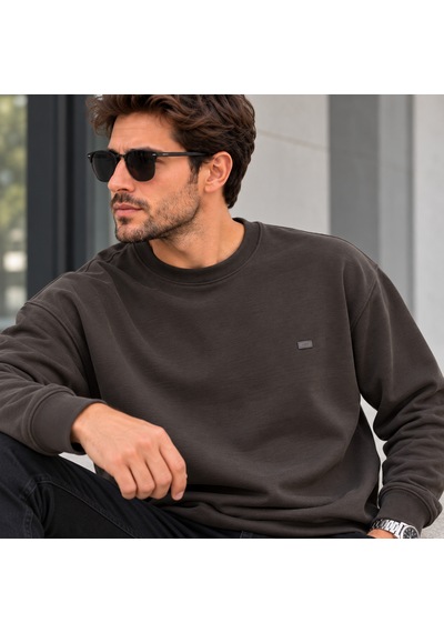 Erkek Modal Kumaş Bisiklet Yaka Sweatshirt Şık Tasarım, Tam Kalıp Kahverengi