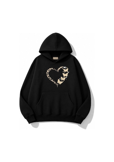 Herkesemoda Leopar Efektli Kalp Baskılı Kapüşonlu 2 İplik Şardonlu Sweatshirt Siyah