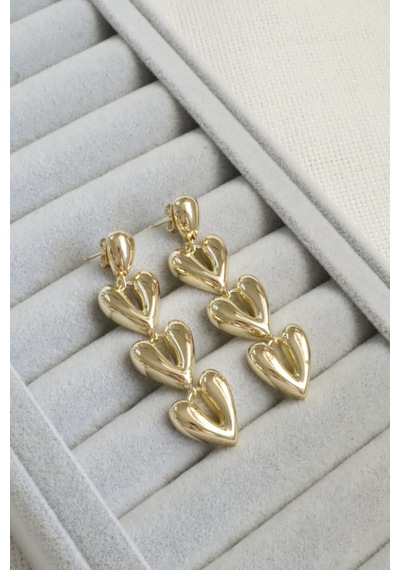Kadın Küpe Kararmaz 14k Renk Vip Seri Üç Kalp Sallantı 6 Cm Küpe Altın