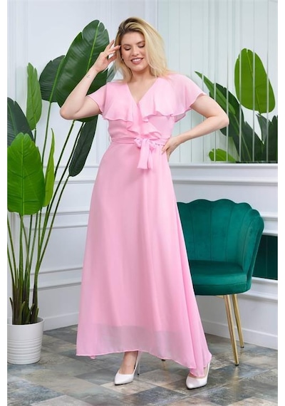 Dip Moda Kadın Melek Kol Uzun Şifon Elbise Dpnb0001 Pudra