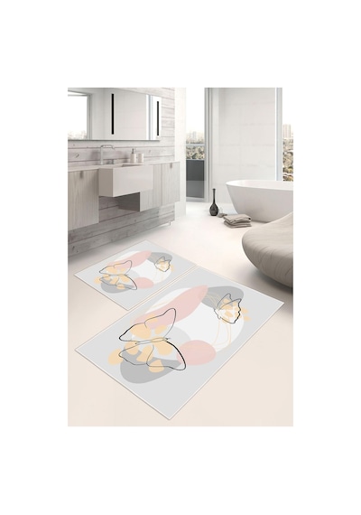 Dijital Baskı Kelebek Desen Kaymaz Taban 2li Set Banyo Paspası Klozet Takımı 50x60cm-60x100cm Gri