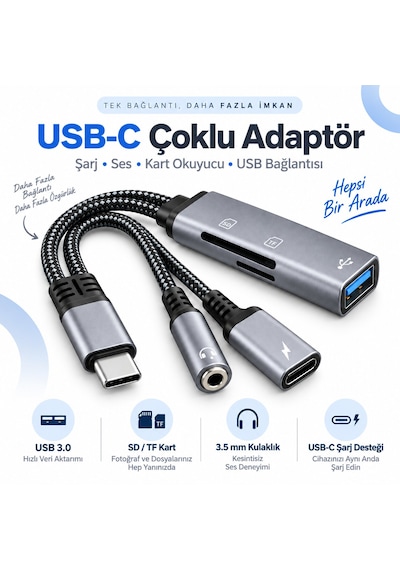 Type-c 5 İn 1 Çoklayıcı Hub Usb 3.0, Sd/tf Kart Okuyucu, 3.5 Mm Kulaklık Ve Şarj Girişi