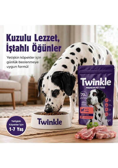 Twinkle Kuzulu Yetişkin Köpek Maması 1 Kg - Kuzu Etli Kuru Köpek Maması -%70 Hayvansal Protein - Tam Ve Dengeli Beslenme - Tüy Ve Deri Desteği