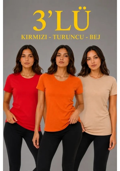 Hazego 3 Lü Kısa Kollu Bisiklet Yaka Basic Slim Fit T-shirt - Kırmızı - Turuncu - Bej Çok Renkli