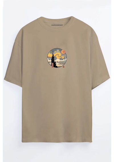 Yıldızlı Gece Tablosu Unisex Bej Oversize T-shirt Bej