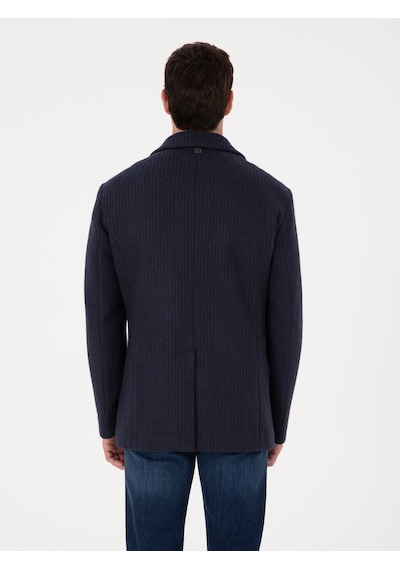 Cacharel Lacivert Slim Fit Yün Karışımlı Kruvaze Kaşe Kaban