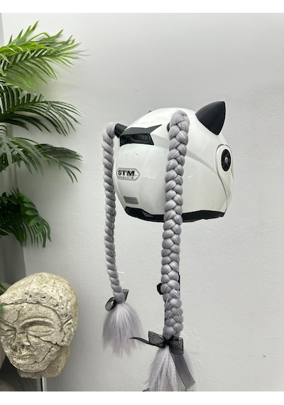 Motor & Motosiklet Gri Simli Çift Örgü Saç Ve Hologram Fiyonklu Kedi Kulak Set Kask Dış Aksesuarı Diğer