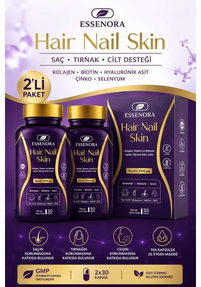 Hair Nail Skin 2'li Paket Saç Tırnak Cilt Kolajen Biotin Hyaluronik Asit 2x30 Kapsül