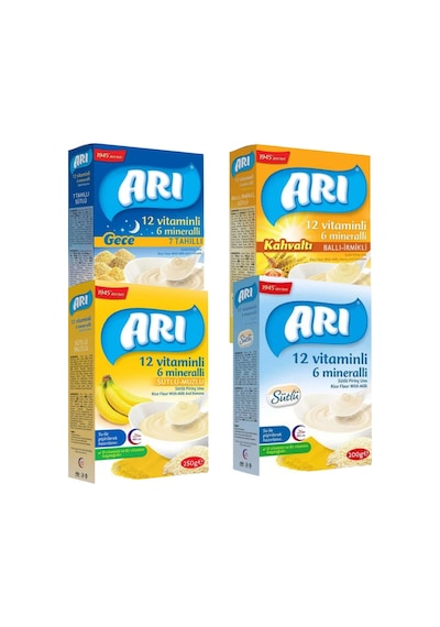 Arı Mama 7 Tahıllı Gece - Sütlü - Ballı İrmikli Kahvaltı - Sütlü Muzlu Pirinç Unu Kaşık Mama 4 x 250 G