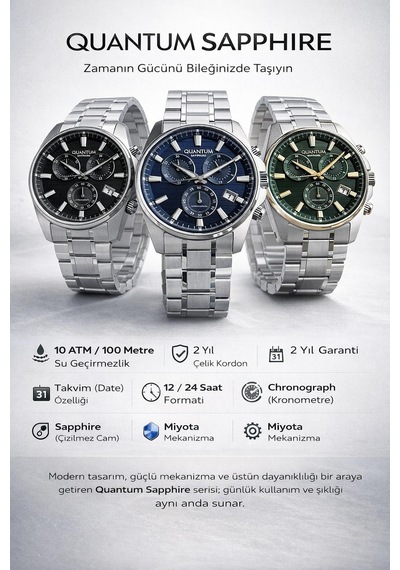 Quantum Sapphire Camlı İtalyan Bileklik Hediyeli 2 Yıl Garantili 10 Atm Erkek Kol Saati 1122.351 Gümüş