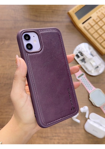 Apple iPhone 11 Uyumlu Premium Deri Dokulu Darbelere Karşı Dayanıklı Nazal Silikon Kılıf Mor