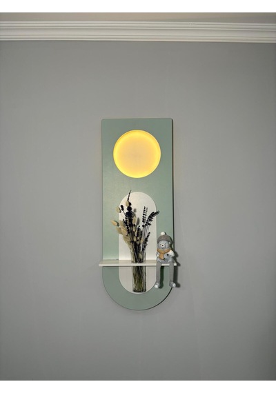 Mimoza Dekoratif Duvar Rafı Led Işıklı Ahşap İskandinav Tarzı Modern Salon Duvar Rafı Çiçeklik 30x80 Cm Yeşil - Paris Grisi