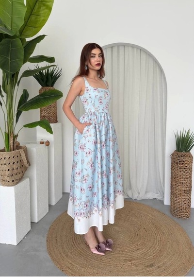 Defymoda Yoa Cep Detaylı Elbise Mavi