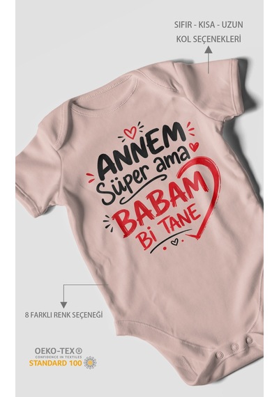 Morivokids Annem Süper Ama Babam Bi Tane Kısa Kollu Bebek Body %100 Pamuk Pastel Pembe