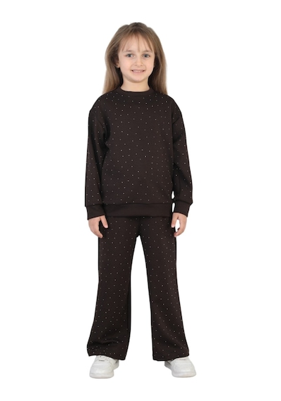 Erdem Kıds Kız Çocuk Taşlı Pijama Takımı Rahat Kalıp Günlük-casual Takım İkili Takım Kahverengi Kahverengi