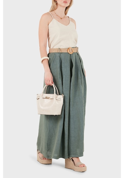 Via Dante Relaxed Fit Yüksek Bel Bol Paça Keten Pantolon Bayan Pantolon 7544 Haki