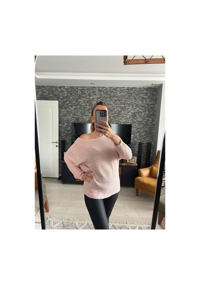 Wellway Kayık Yaka Simli Kumaş İnce Triko Kazak-pembe Pembe