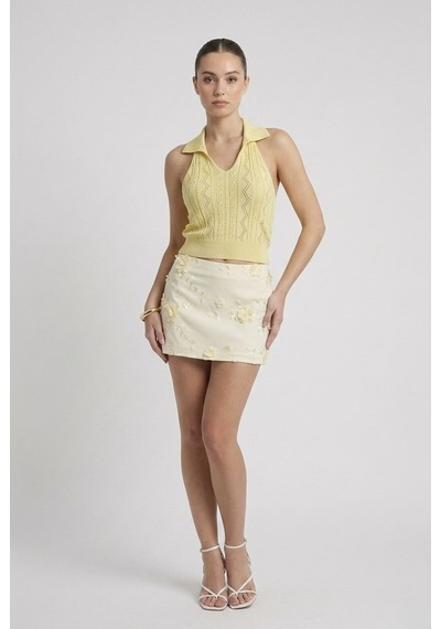 Neden Tekstil Kadın Polo Yaka Sırt Dekolteli Crop Bluz - Sarı