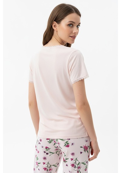 Kompedan Kadın Ring Viskon V Yaka Altı Desenli Kısa Kol Pijama Takımı Pembe 40113-4119