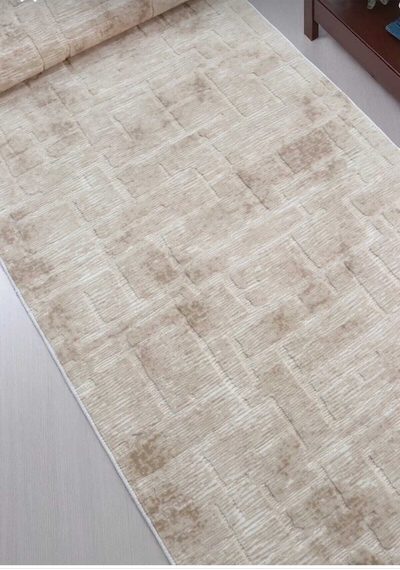 Nesrin Modern Kabartmalı Tuğla Desenli Lüks Kaymaz Jel Taban Halı Krem