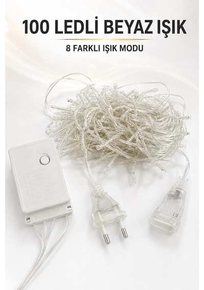 100 Led Beyaz Yılbaşı Işığı 10 Metre 8 Modlu Animasyonlu Eklenebilir Dekoratif Aydınlatma Işık Seti