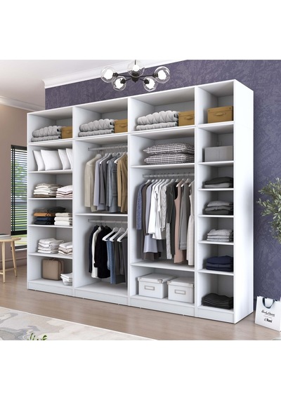 Rani Ba215 Geniş Gardırop Elbise Dolabı 14 Kapaklı 12 Raflı 3 Askılı Modüler Dolap Beyaz