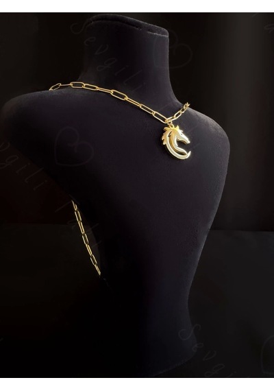 Paperclip Ataş Model Zincir At Charmlı Gold Çelik Kolye Tulpar Serisi Gold