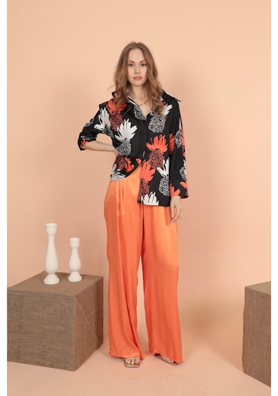 Chıcnhappy Saten Kumaş Pileli Palazzo Kadın Pantolon Orange-oranj Turuncu
