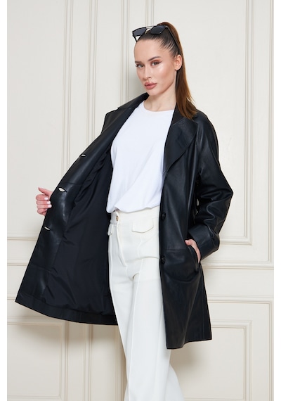 M M Marki Marki Kadın Hakiki Deri Trençkot Siyah, V Yaka, Kuşaklı, Düğme Kapamalı, Oversize, 90 Cm - 117122