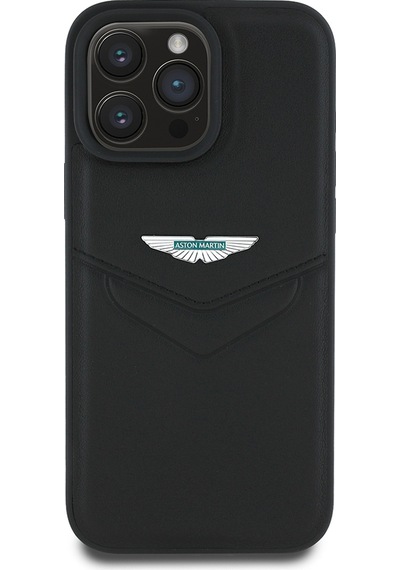 Apple Uyumlu iPhone 16 Pro Max Kılıf Aston Martin Lisanslı Victory Dizayn Deri Metal Logolu Kapak Siyah